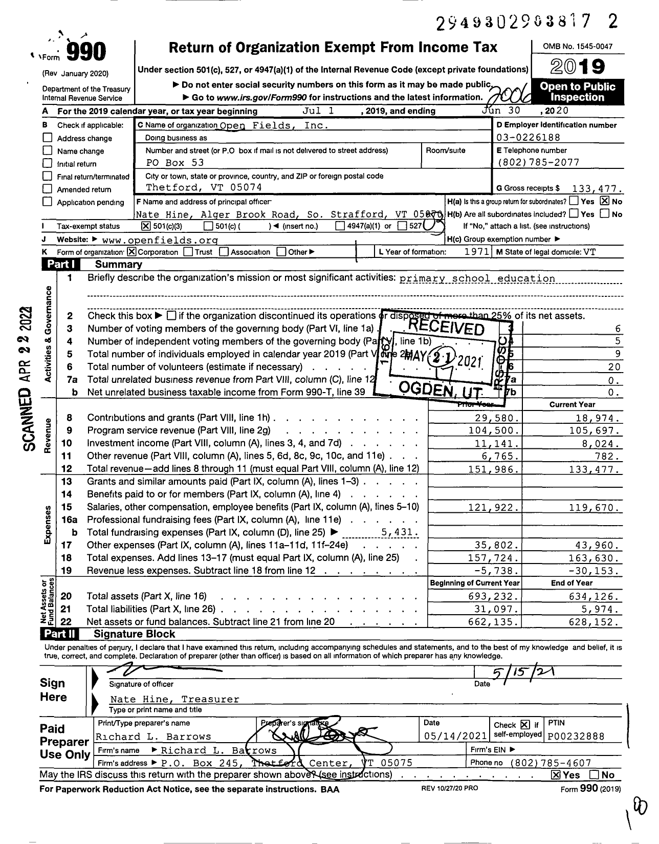 Image of first page of 2019 Form 990 for Open Fields