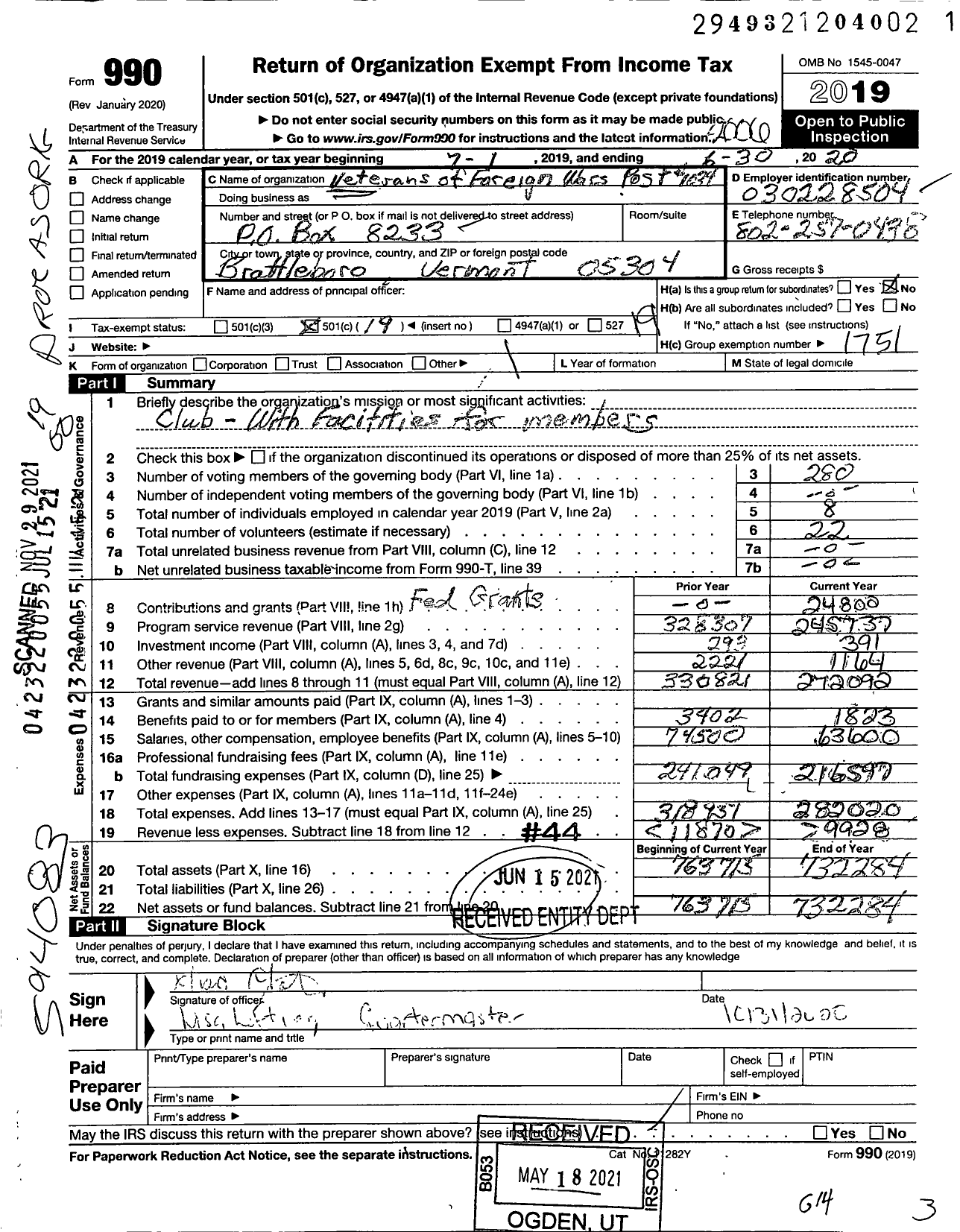 Image of first page of 2019 Form 990O for VETERANS OF FOREIGN WARS OF the United States Dept OF Vermont - VFW Post 1034