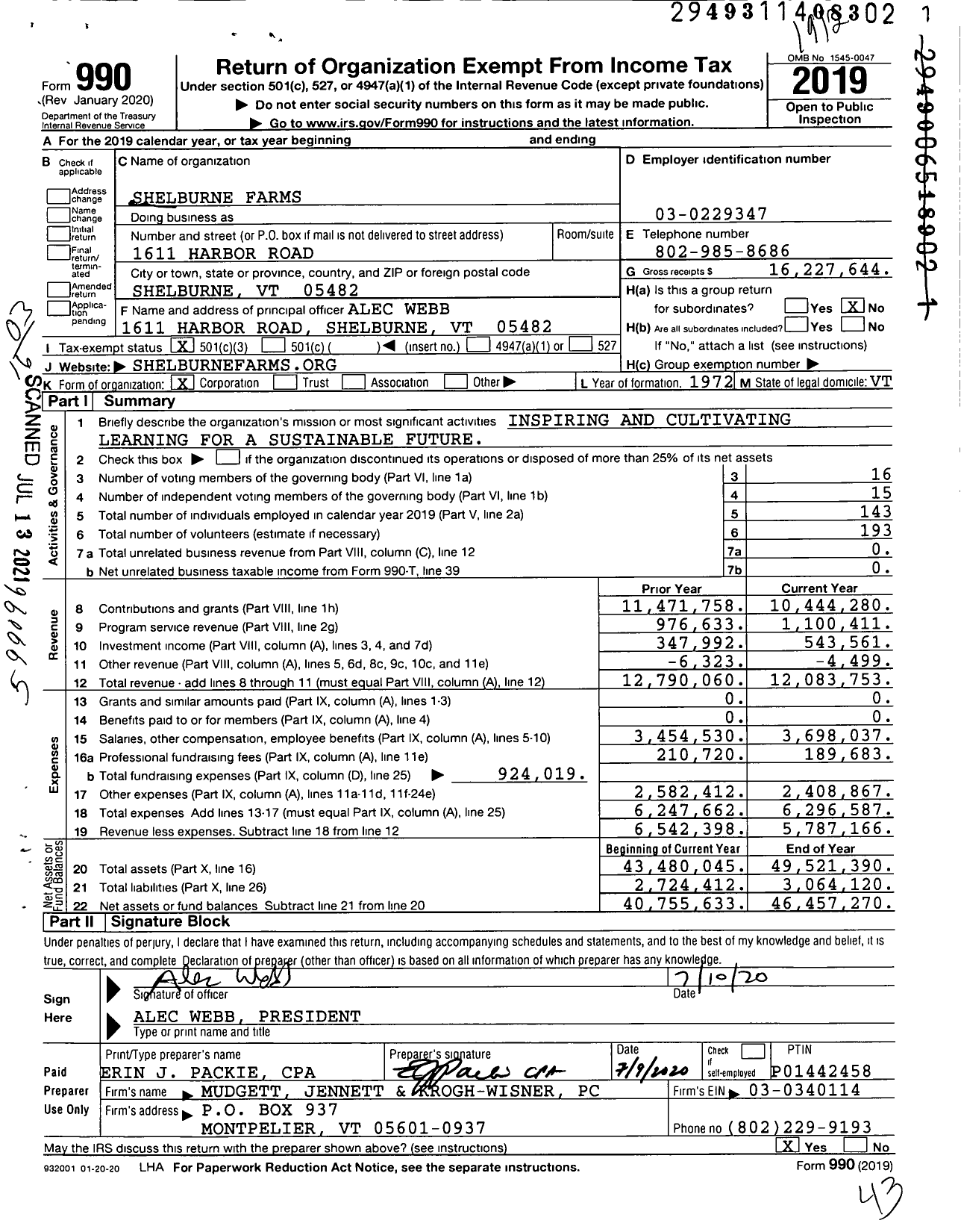 Image of first page of 2019 Form 990 for Shelburne Farms