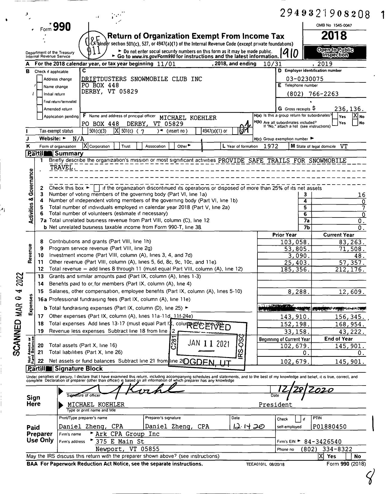 Image of first page of 2018 Form 990O for Driftdusters Dusters Snowmobile Club