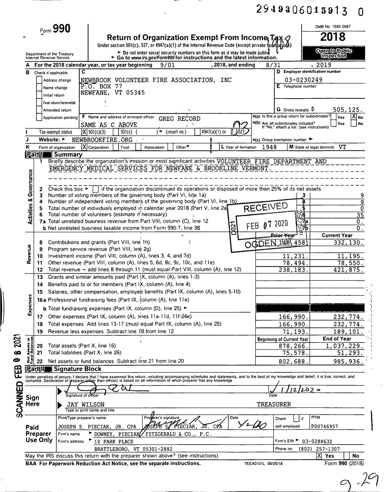 Image of first page of 2018 Form 990 for Newbrook Volunteer Fire Association