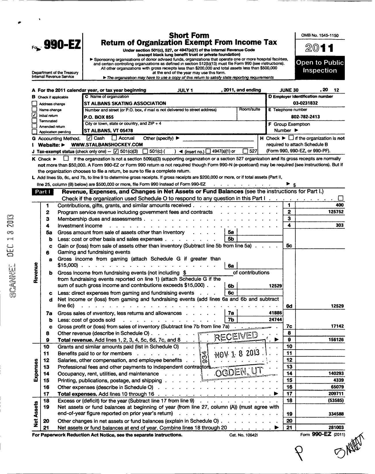 Image of first page of 2011 Form 990EZ for St Albans Skating Association