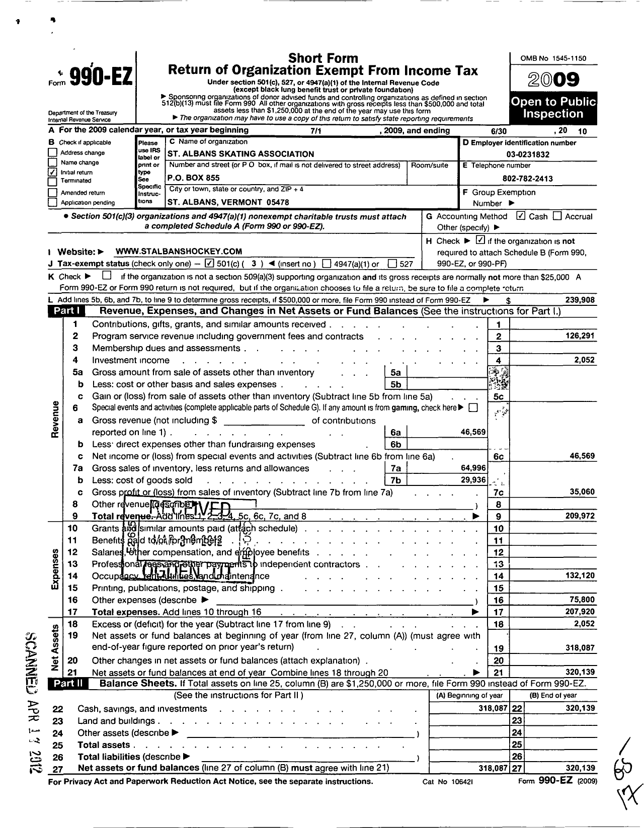 Image of first page of 2009 Form 990EZ for St Albans Skating Association