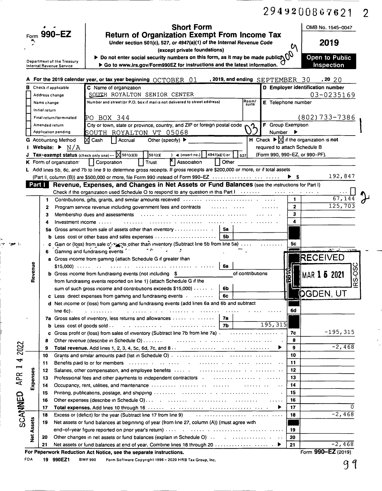 Image of first page of 2019 Form 990EZ for South Royalton Area Senior Cen