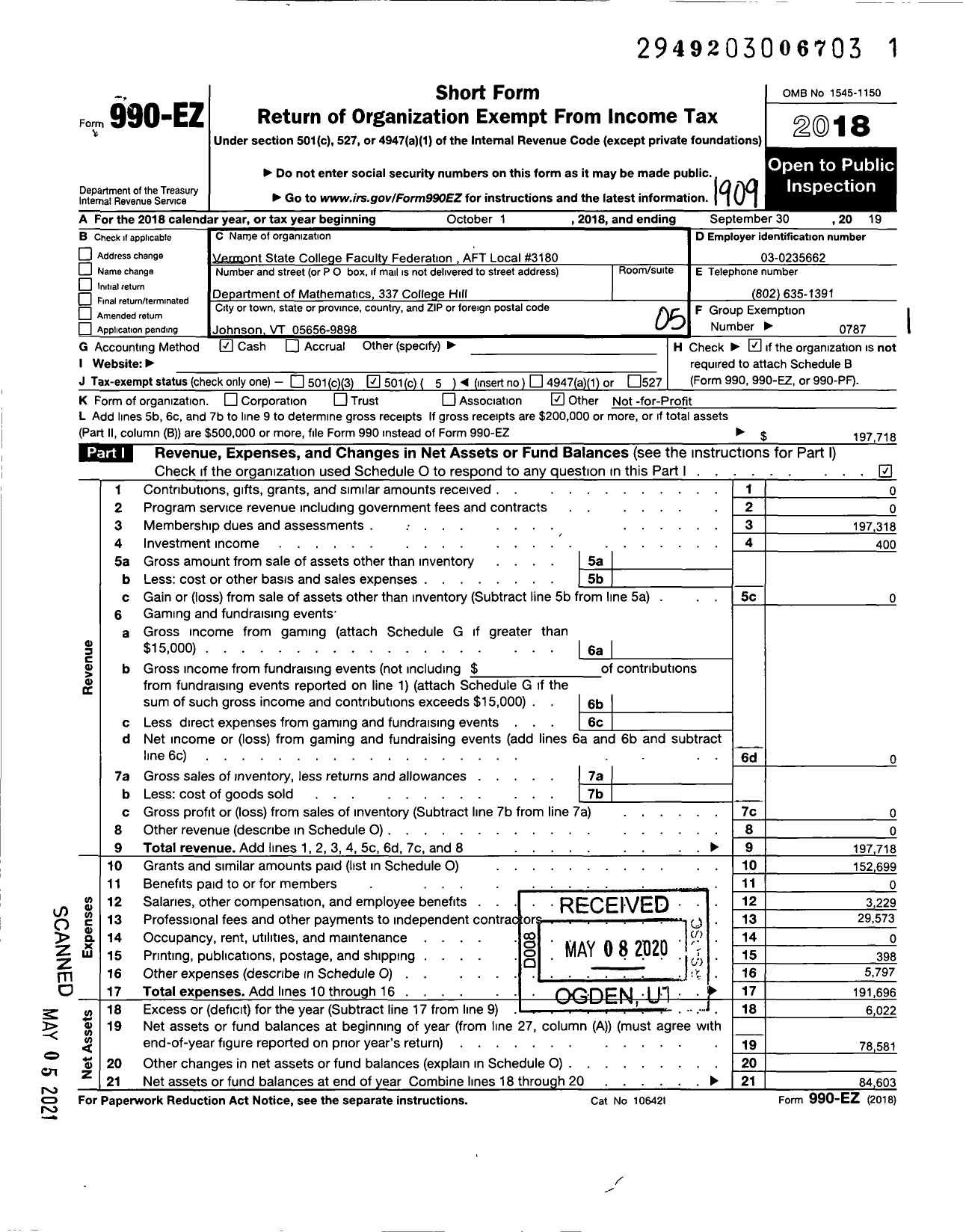 Image of first page of 2018 Form 990EO for American Federation of Teachers - Vermont State Faculty Federation