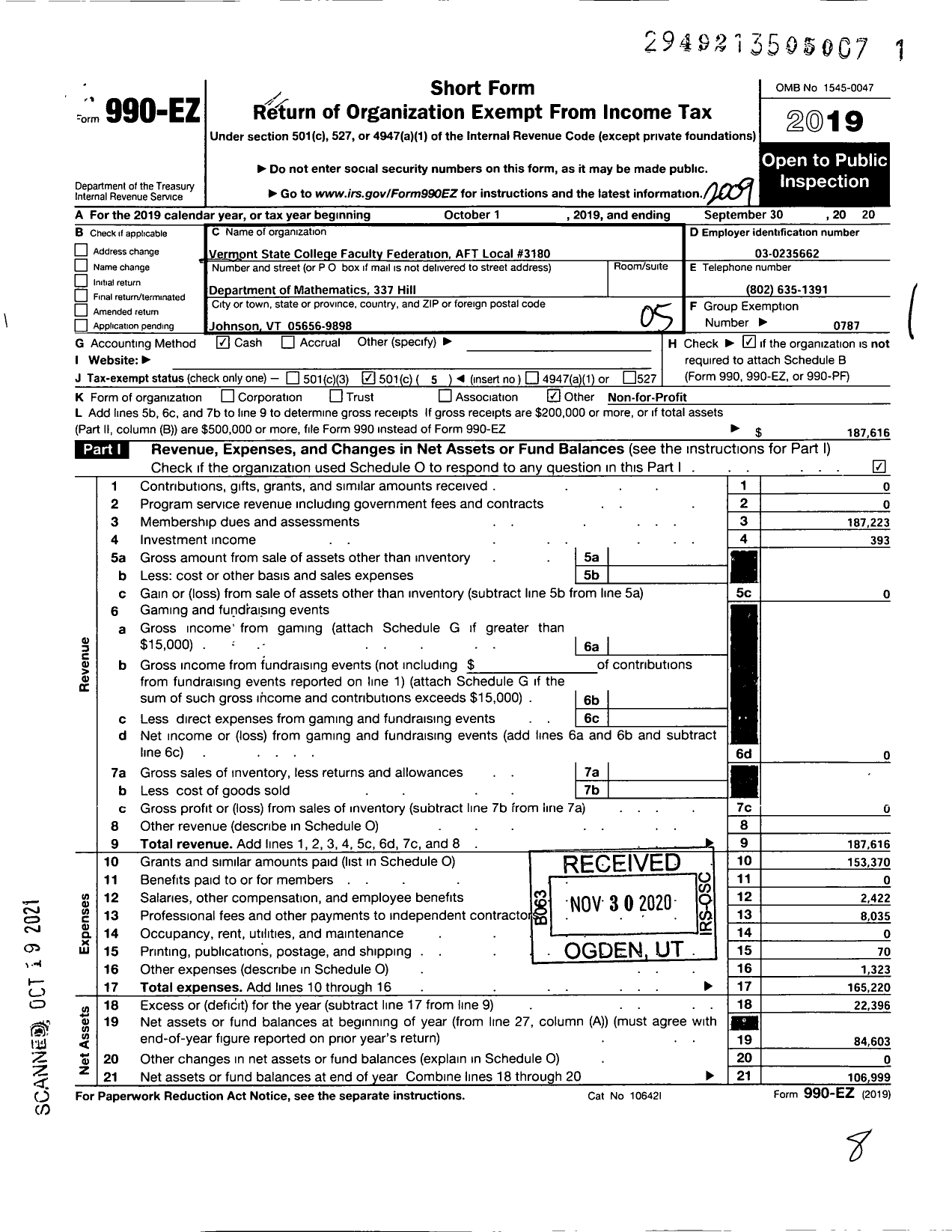 Image of first page of 2019 Form 990EO for American Federation of Teachers - Vermont State Faculty Federation