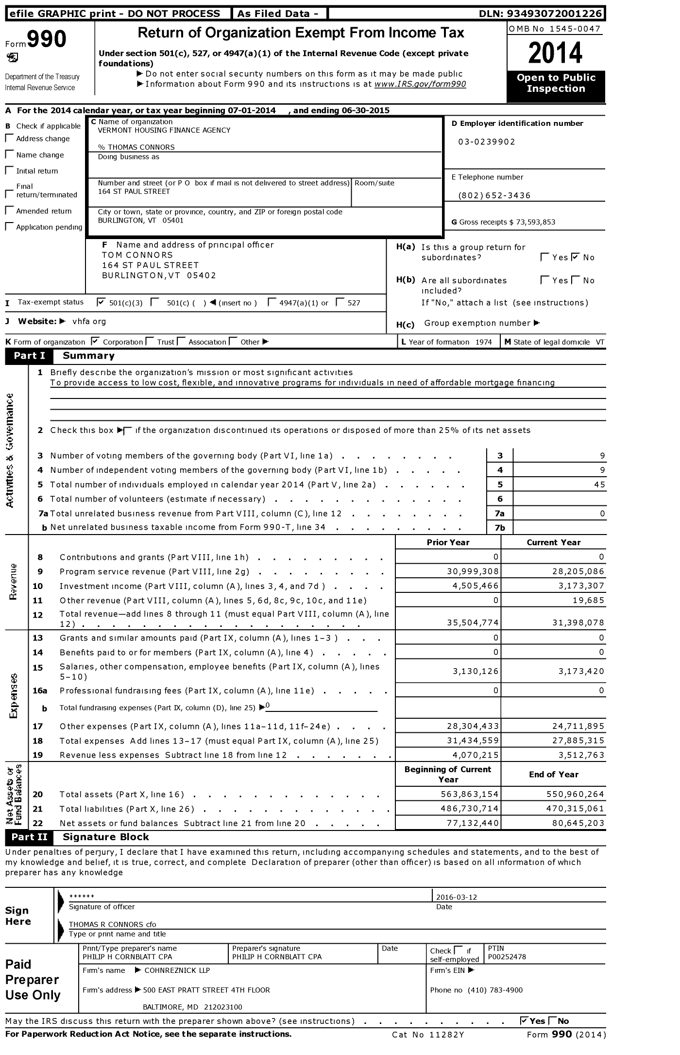 Image of first page of 2014 Form 990 for Vermont Housing Finance Agency (VHFA)