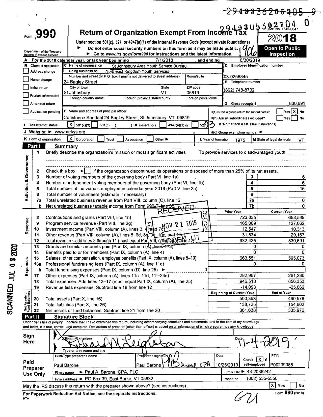 Image of first page of 2018 Form 990 for Northeast Kingdom Youth Services