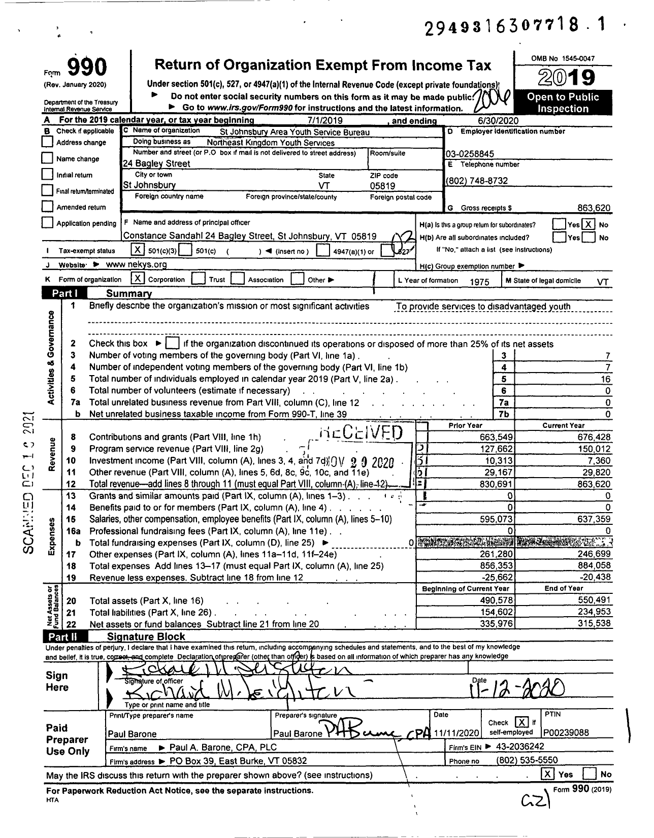 Image of first page of 2019 Form 990 for Northeast Kingdom Youth Services