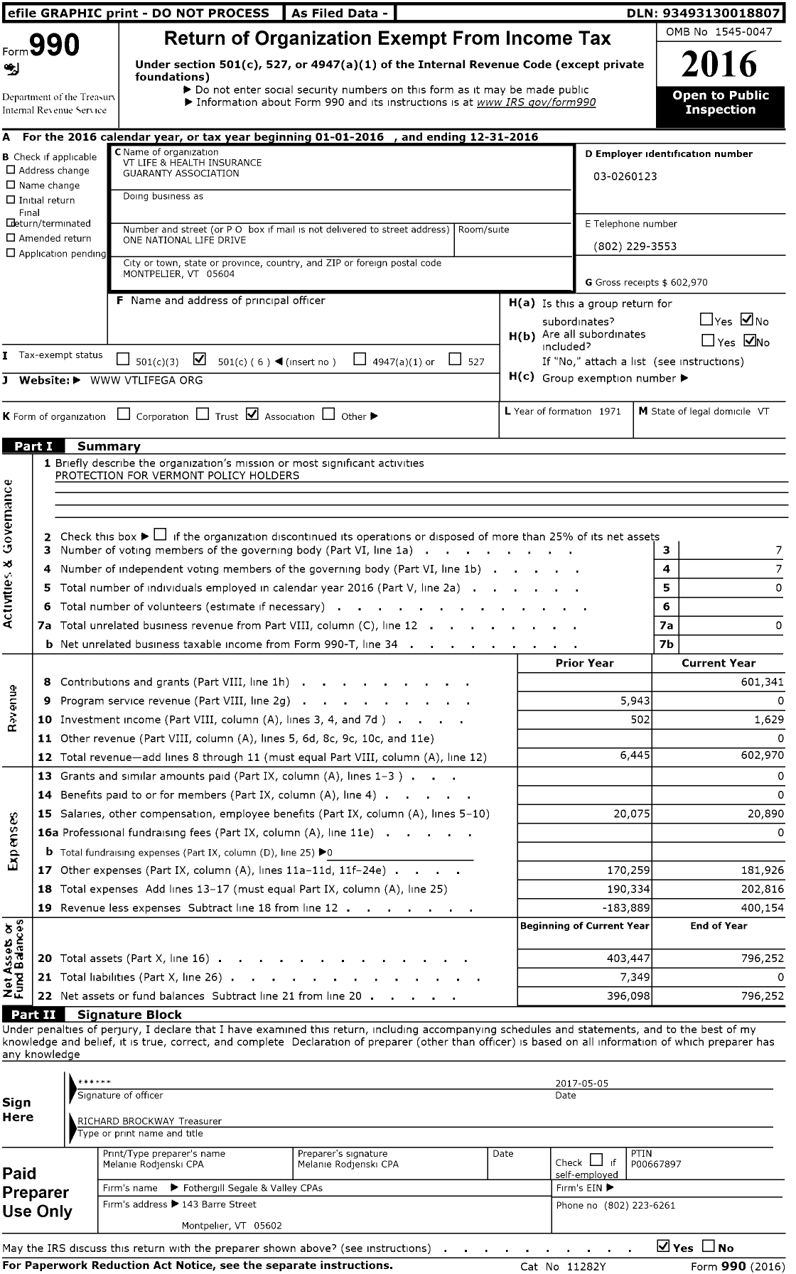 Image of first page of 2016 Form 990O for VT Life and Health Insurance Guaranty Association