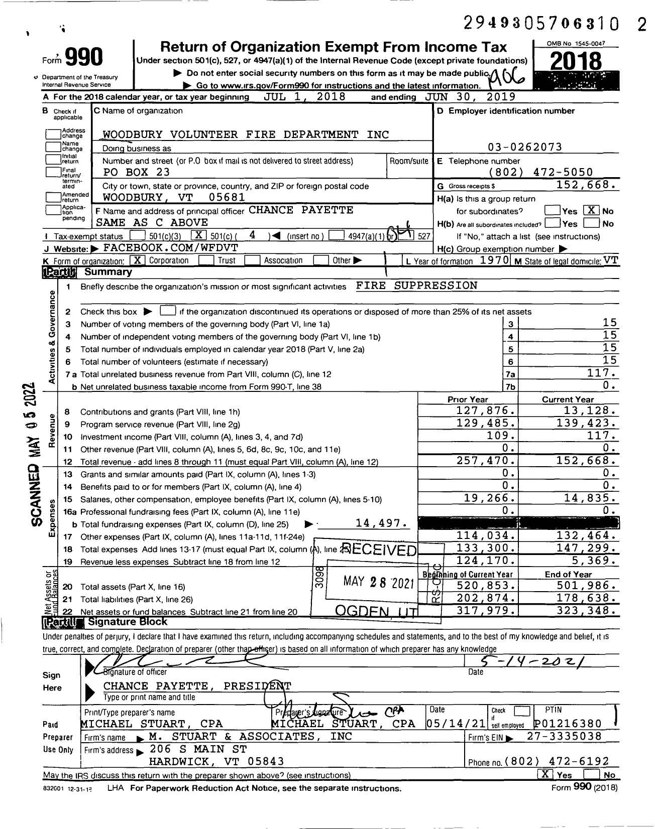 Image of first page of 2018 Form 990O for Woodbury Volunteer Fire Department