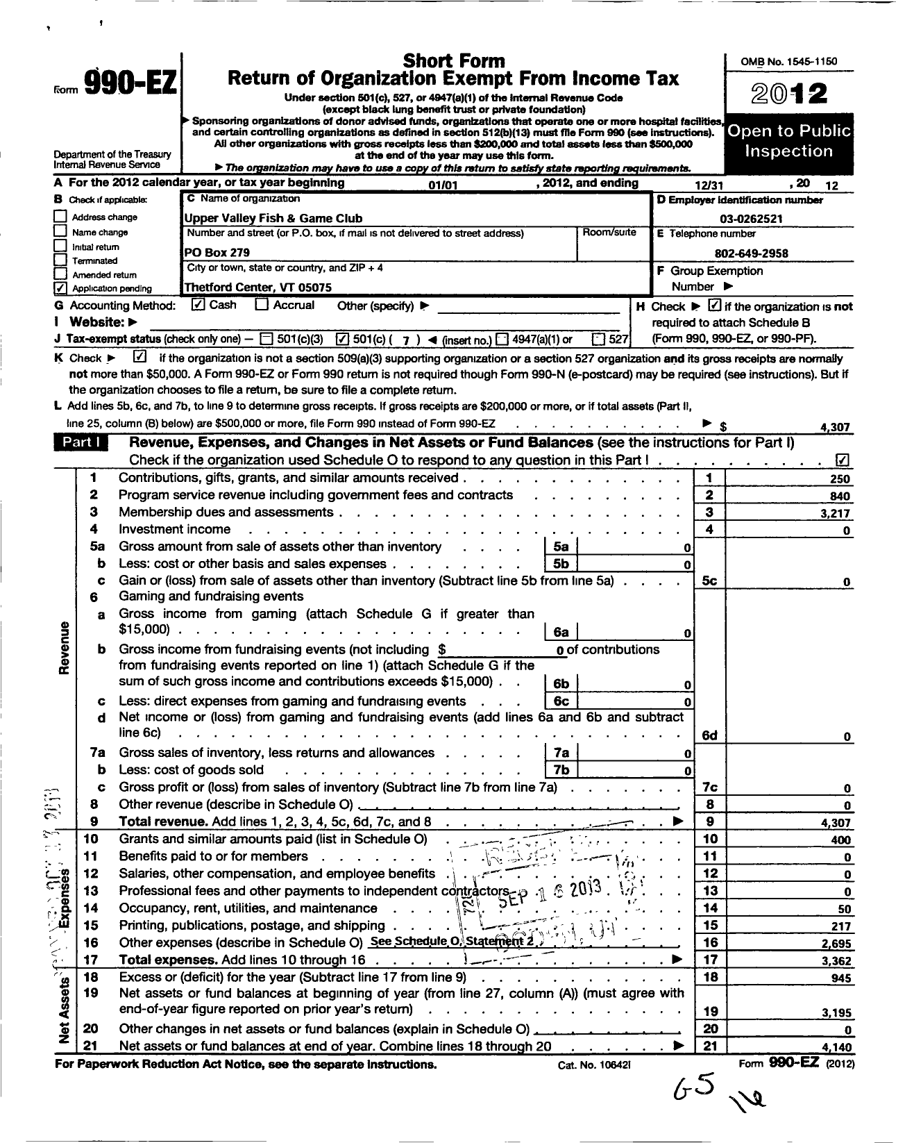 Image of first page of 2012 Form 990EO for Upper Valley Fish and Game Club