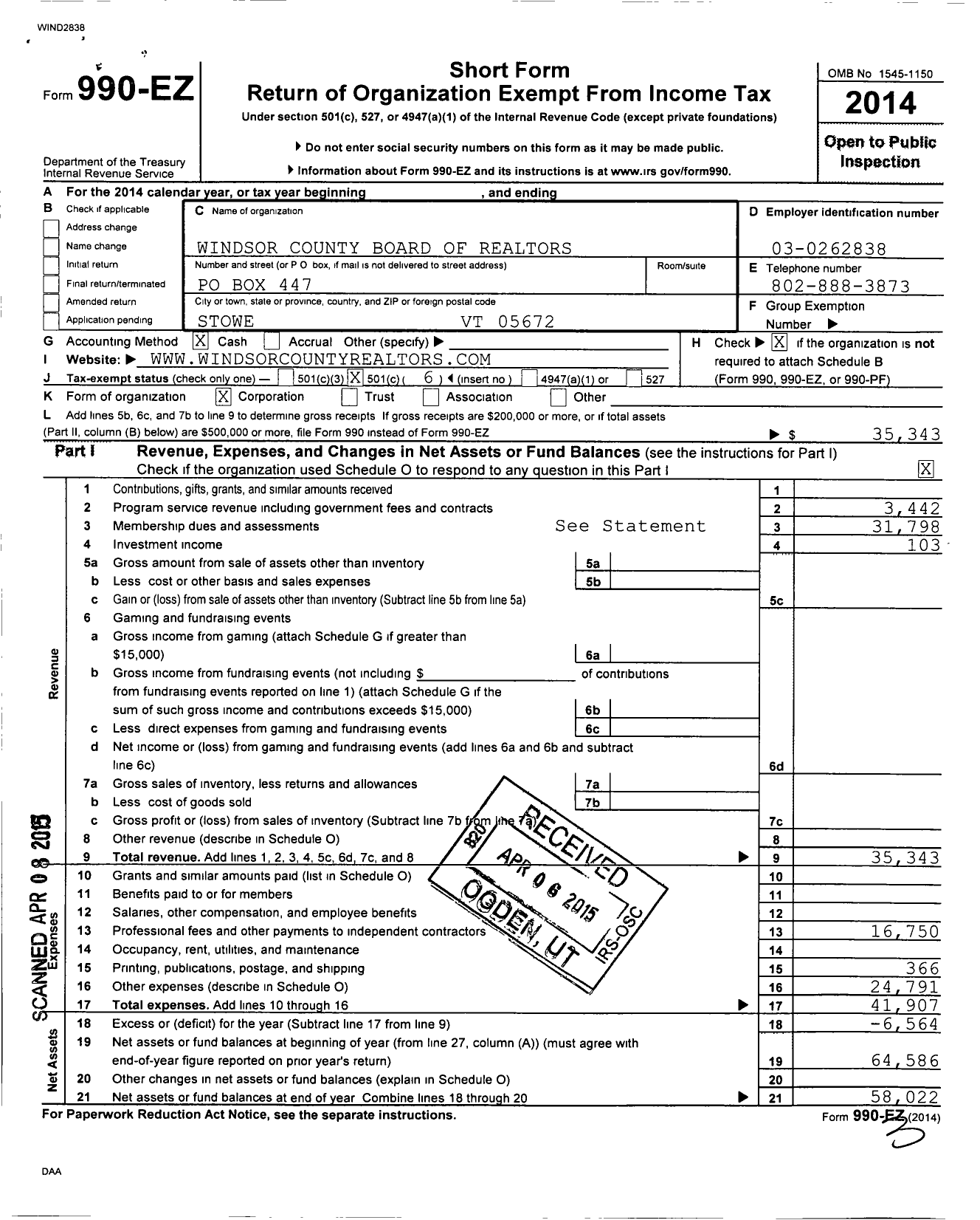 Image of first page of 2014 Form 990EO for Windsor County Board of Realtors