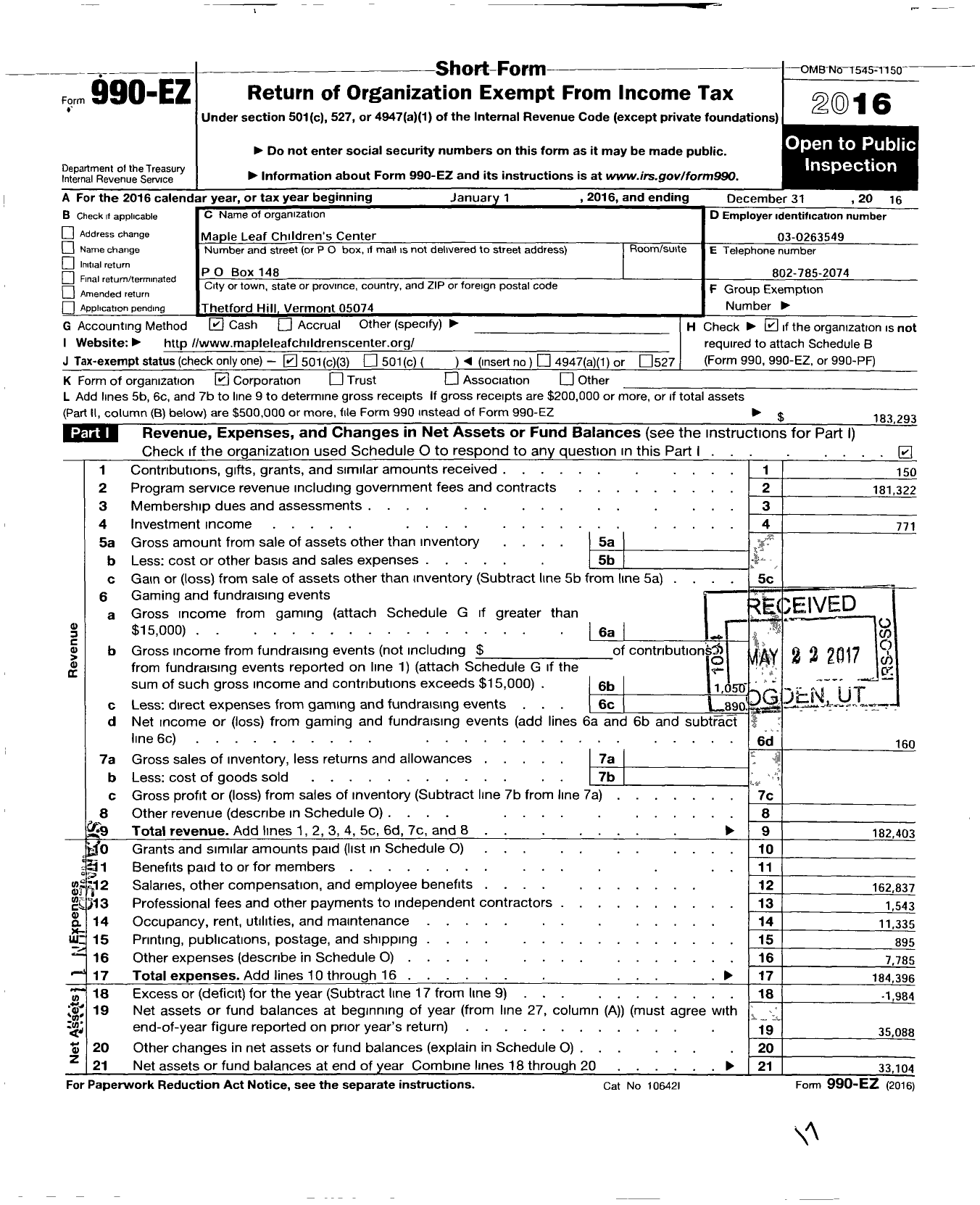 Image of first page of 2016 Form 990EZ for Maple Leaf Childrens Center