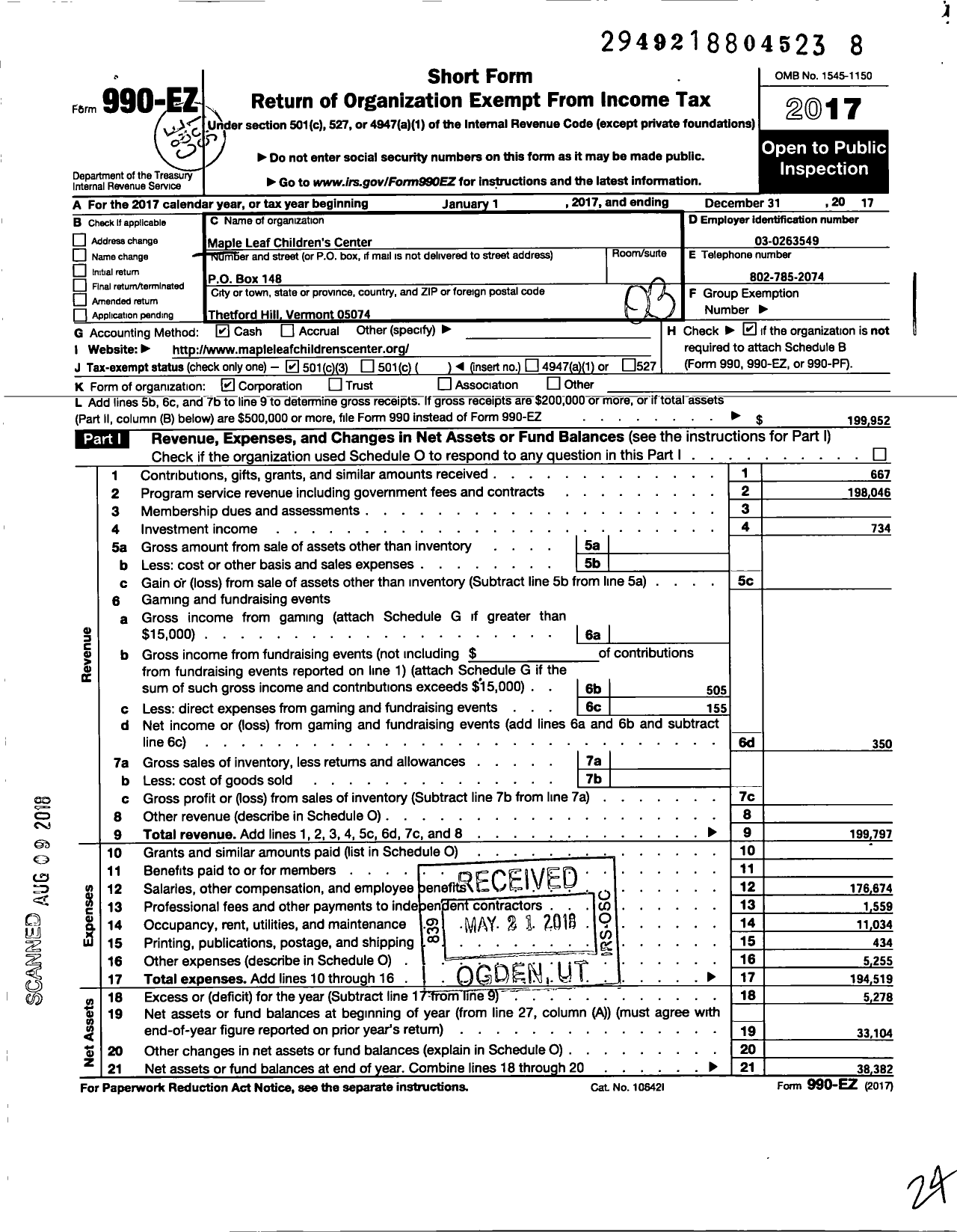 Image of first page of 2017 Form 990EZ for Maple Leaf Childrens Center