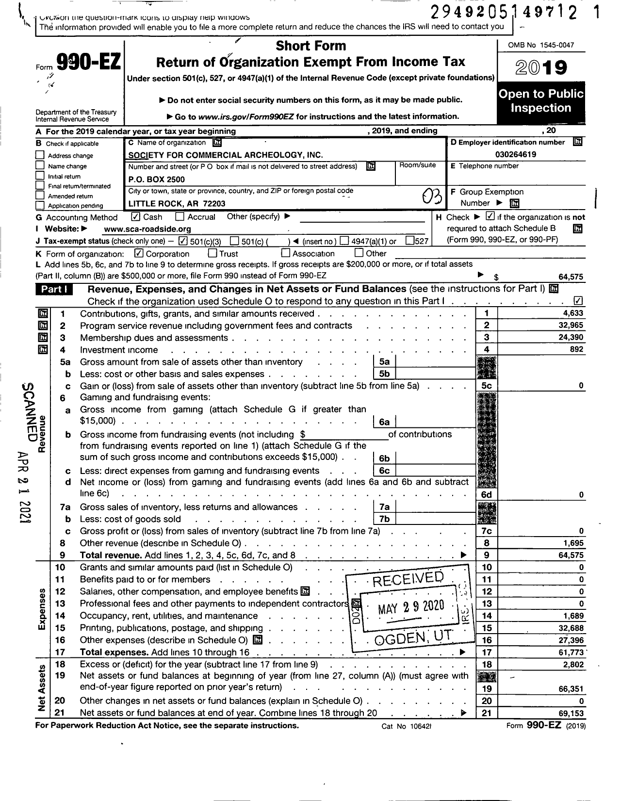 Image of first page of 2019 Form 990EZ for Society for Commercial Archeology