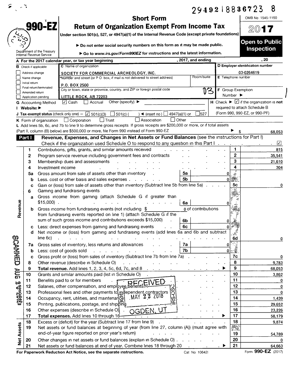 Image of first page of 2017 Form 990EZ for Society for Commercial Archeology