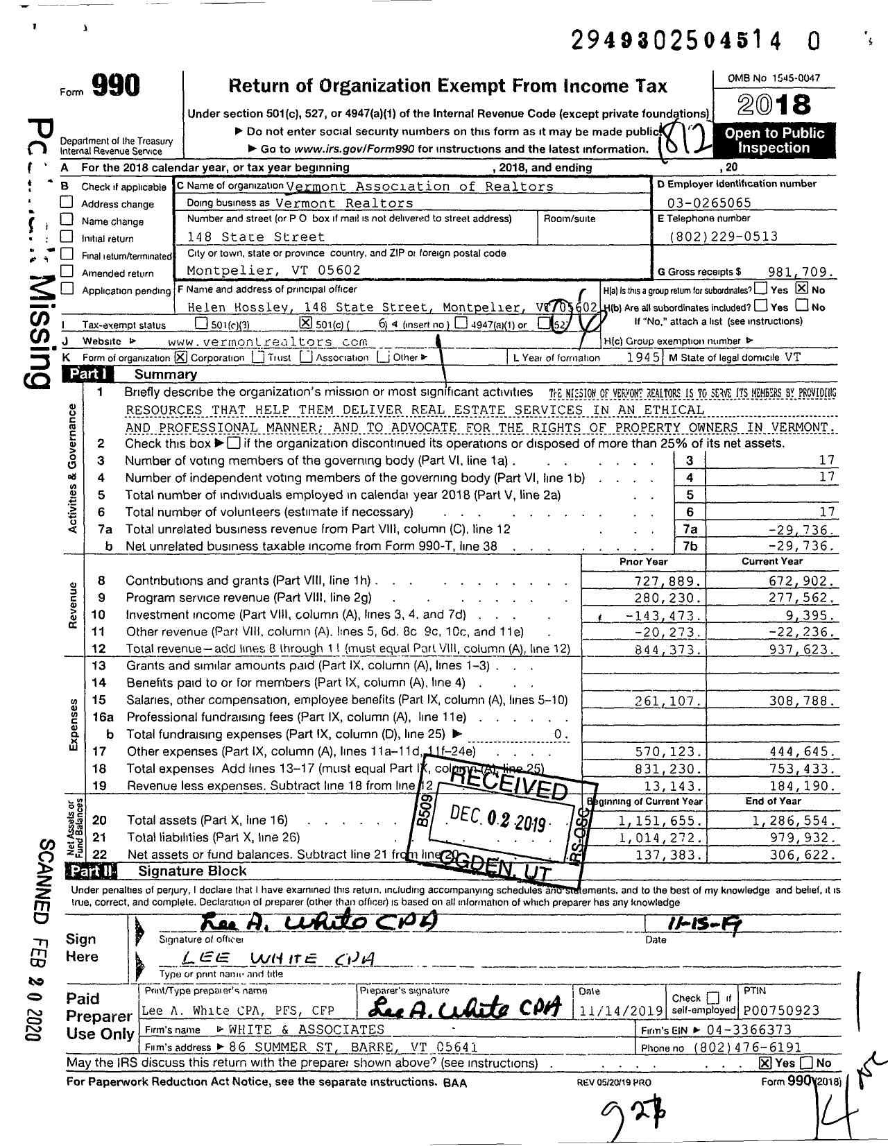 Image of first page of 2018 Form 990O for Vermont Association of Realtors