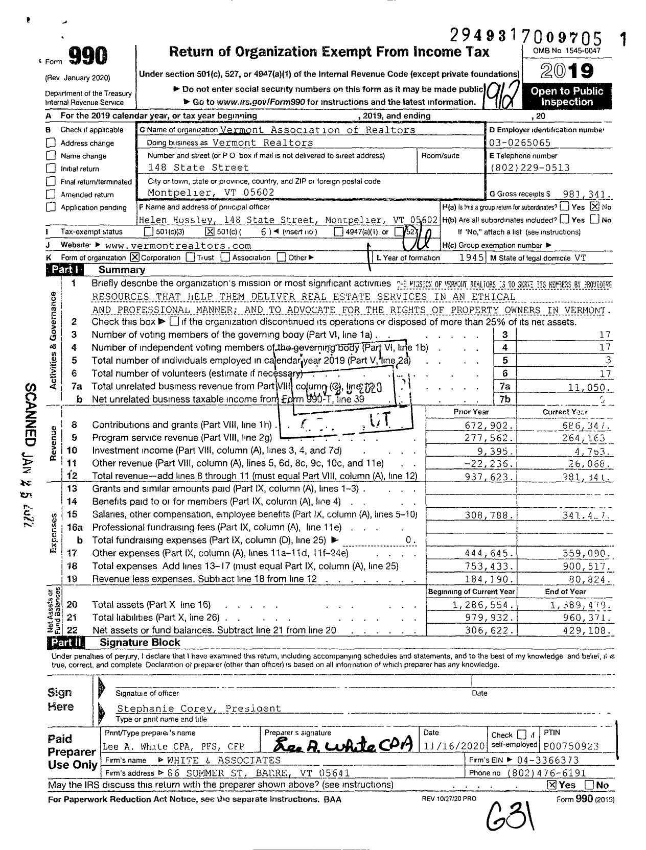 Image of first page of 2019 Form 990O for Vermont Association of Realtors