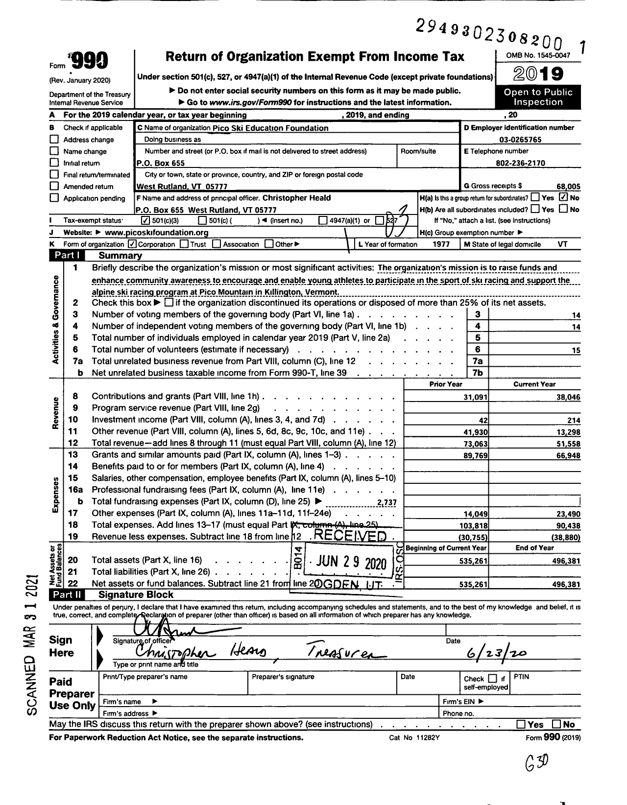 Image of first page of 2019 Form 990 for Pico Ski Education Foundation