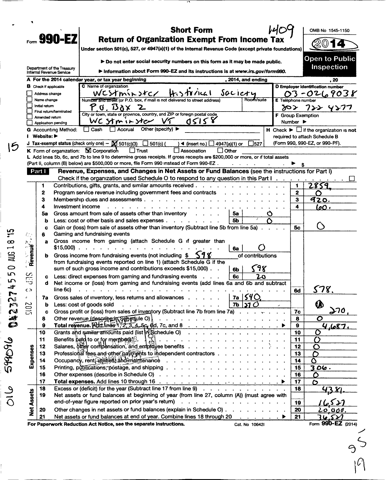 Image of first page of 2013 Form 990EZ for Westminster Historical Society