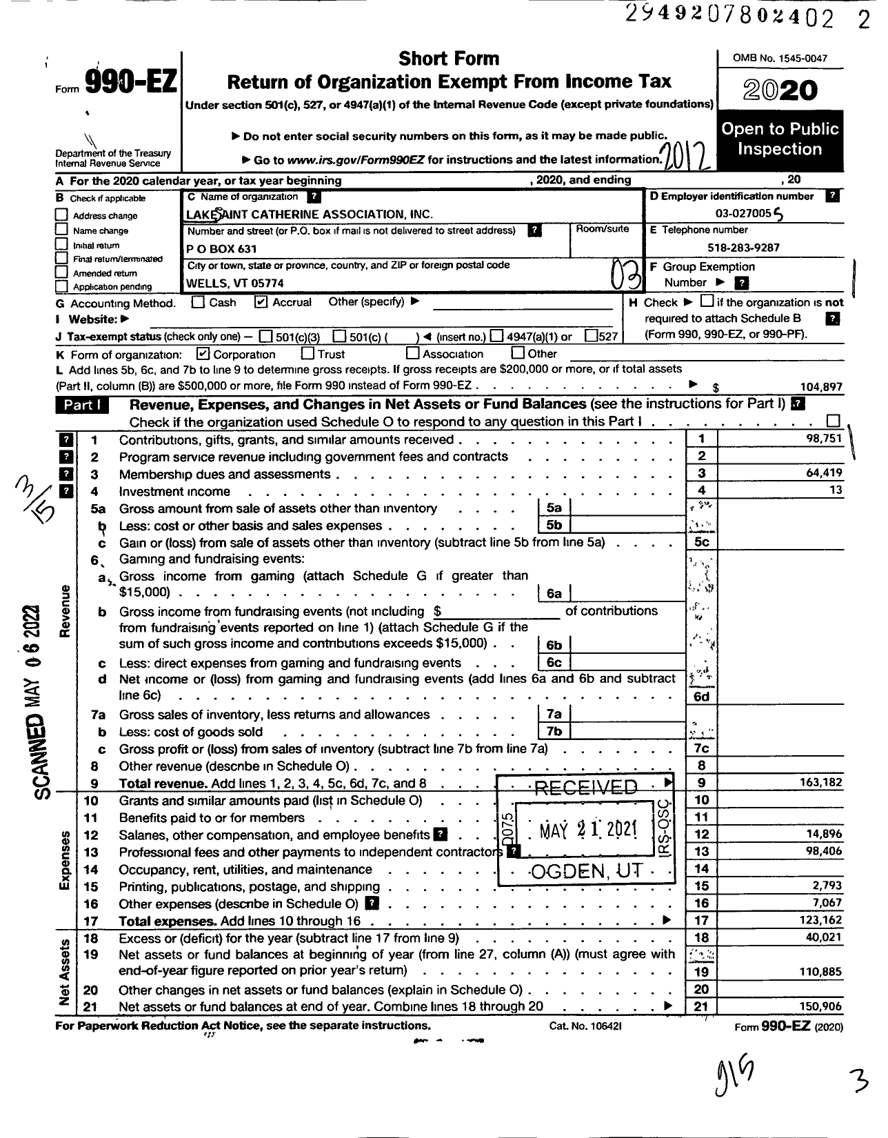 Image of first page of 2020 Form 990EZ for Lake Saint Catherine Association