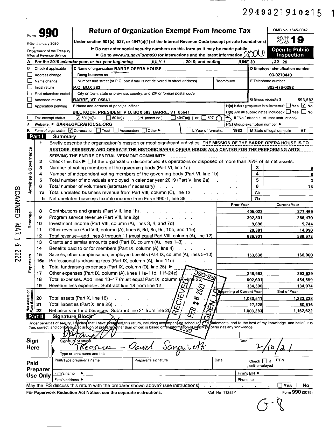 Image of first page of 2019 Form 990 for Barre Opera House