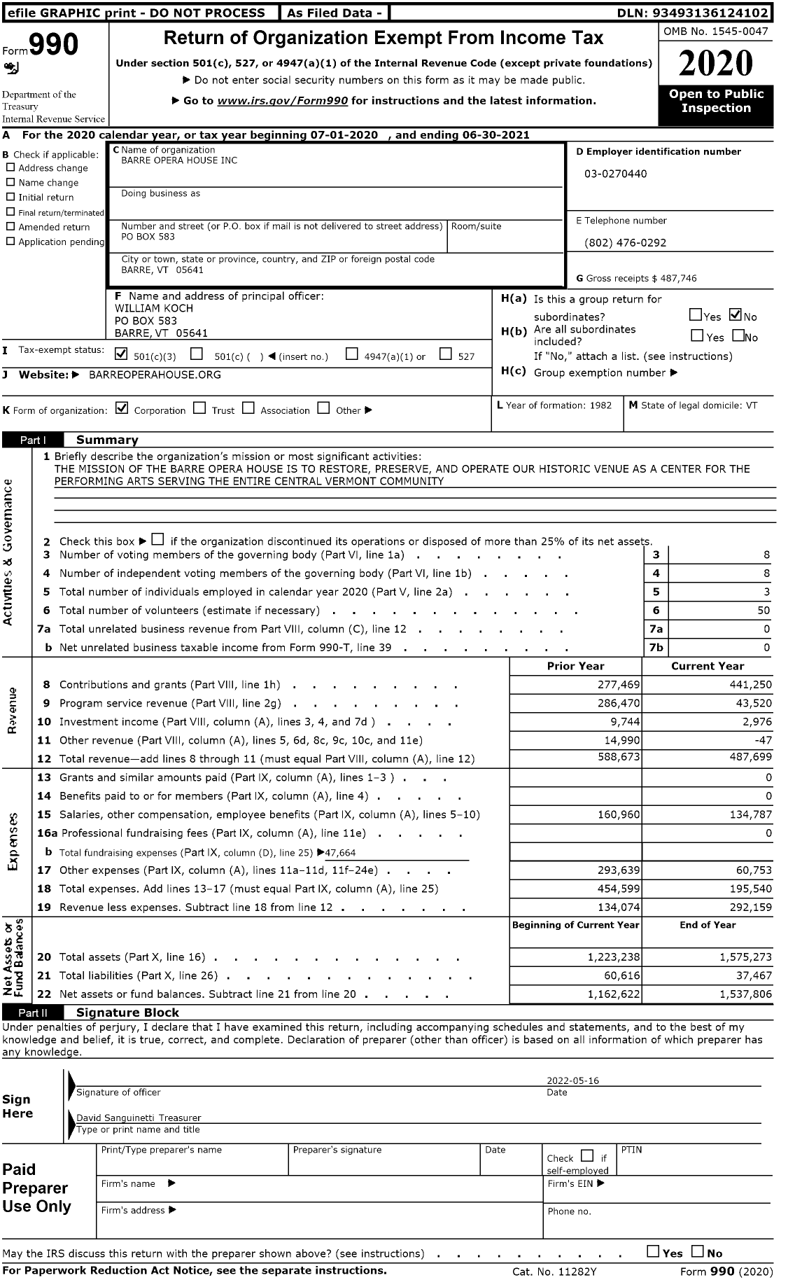 Image of first page of 2020 Form 990 for Barre Opera House