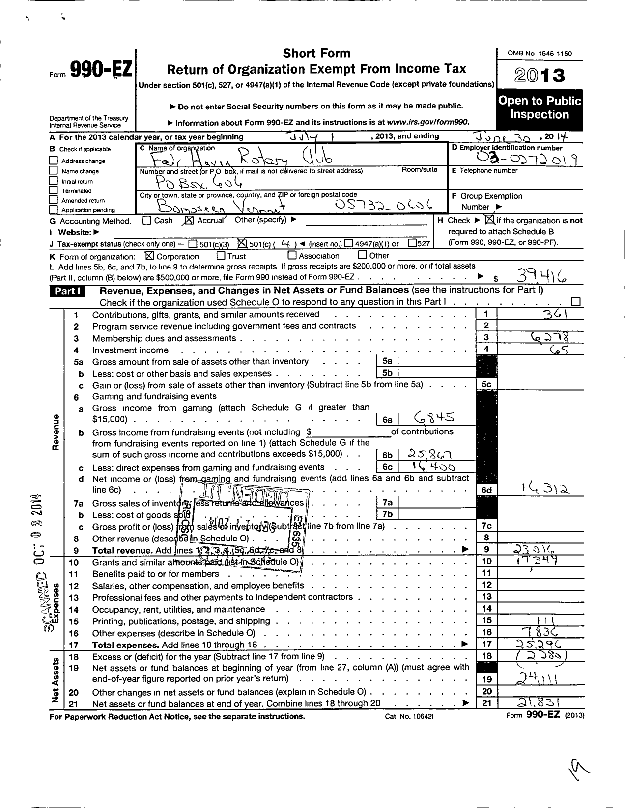 Image of first page of 2013 Form 990EO for Rotary International - Rotary Club of Fair Haven