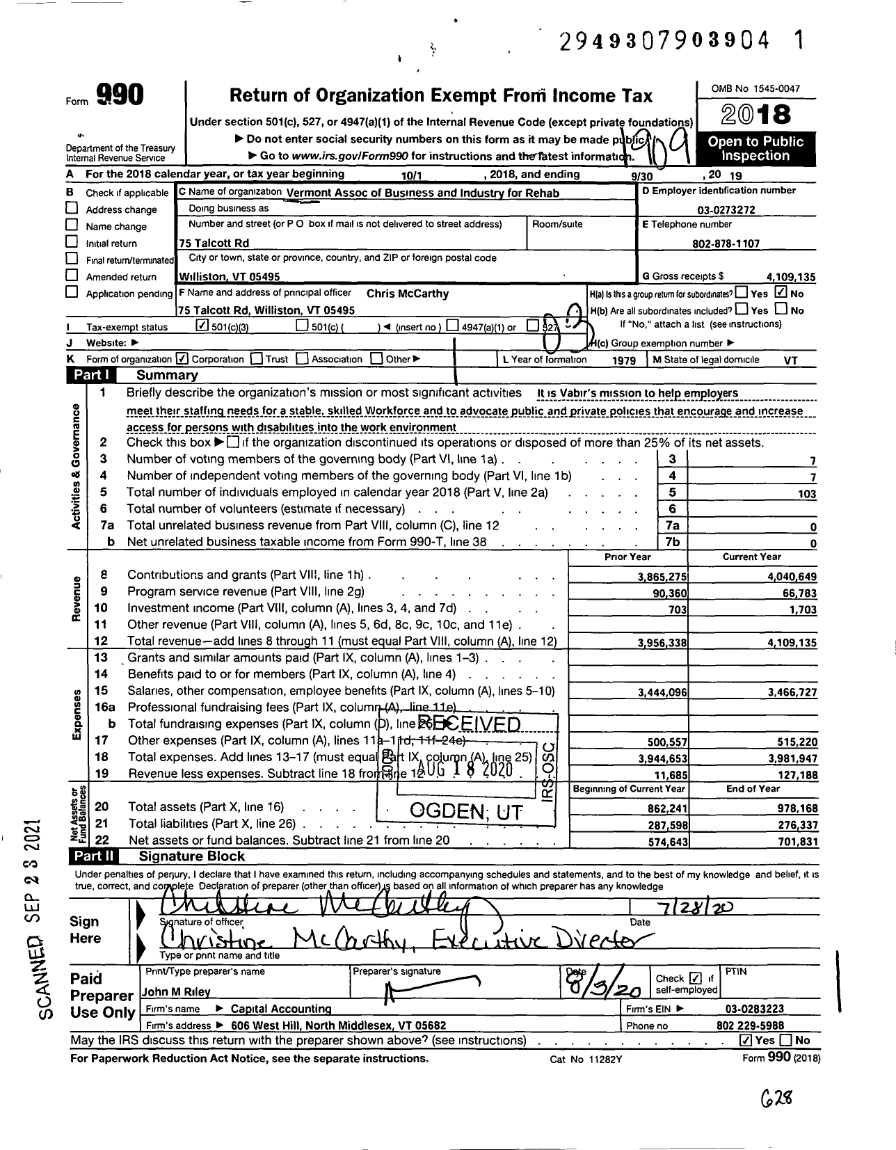 Image of first page of 2018 Form 990 for Vermont Association of Business