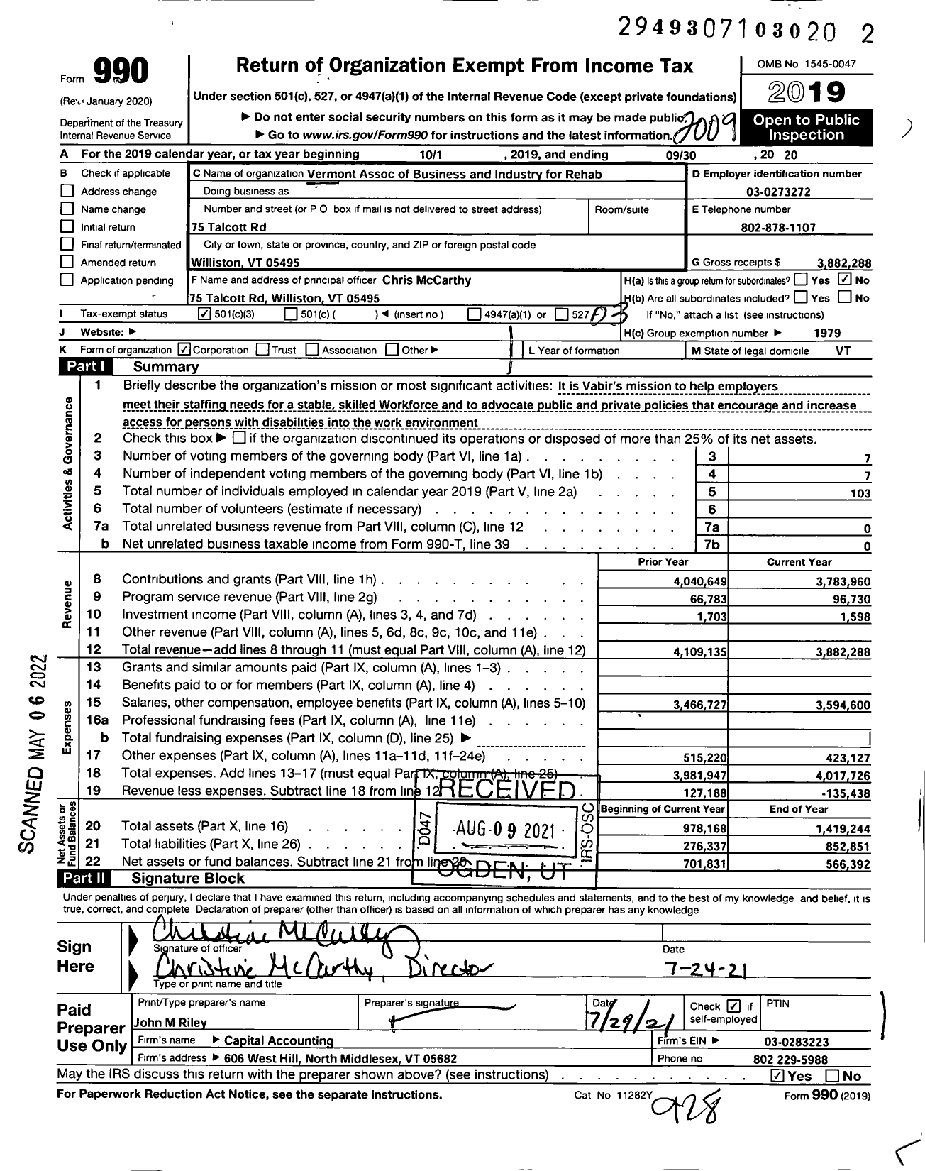 Image of first page of 2019 Form 990 for Vermont Association of Business