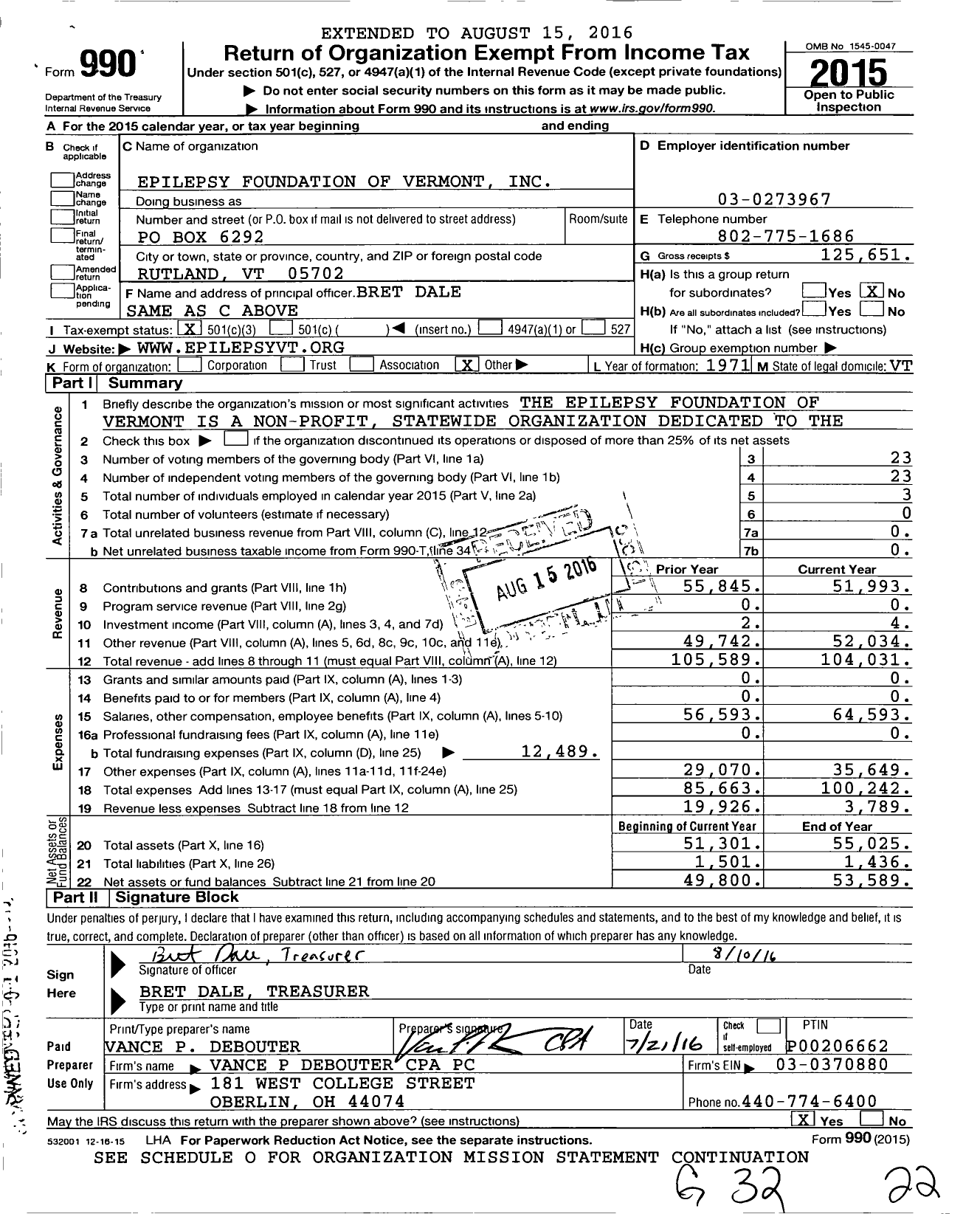 Image of first page of 2015 Form 990 for Epilepsy Foundation of Vermont