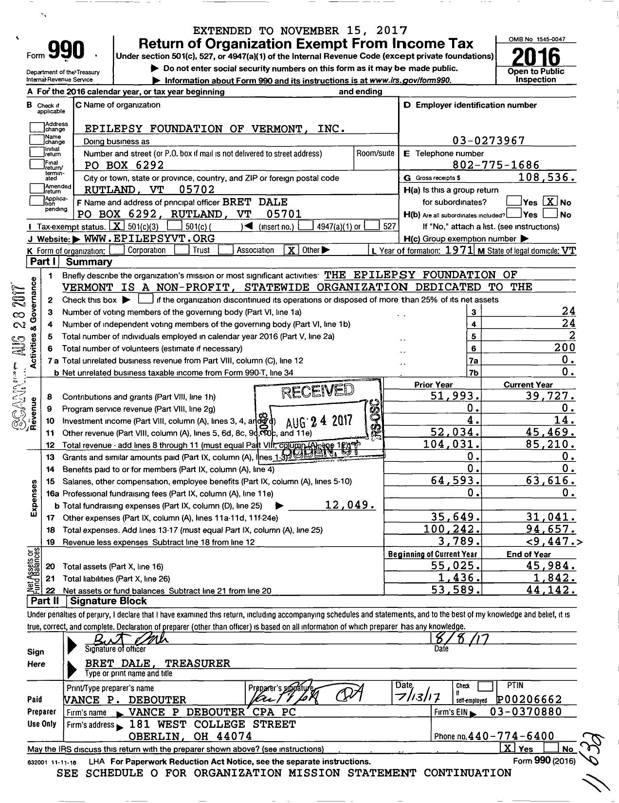 Image of first page of 2016 Form 990 for Epilepsy Foundation of Vermont