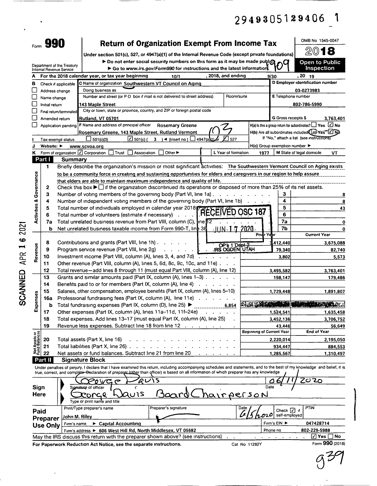 Image of first page of 2018 Form 990 for Southwestern Vermont Council on Aging (SVCOA)