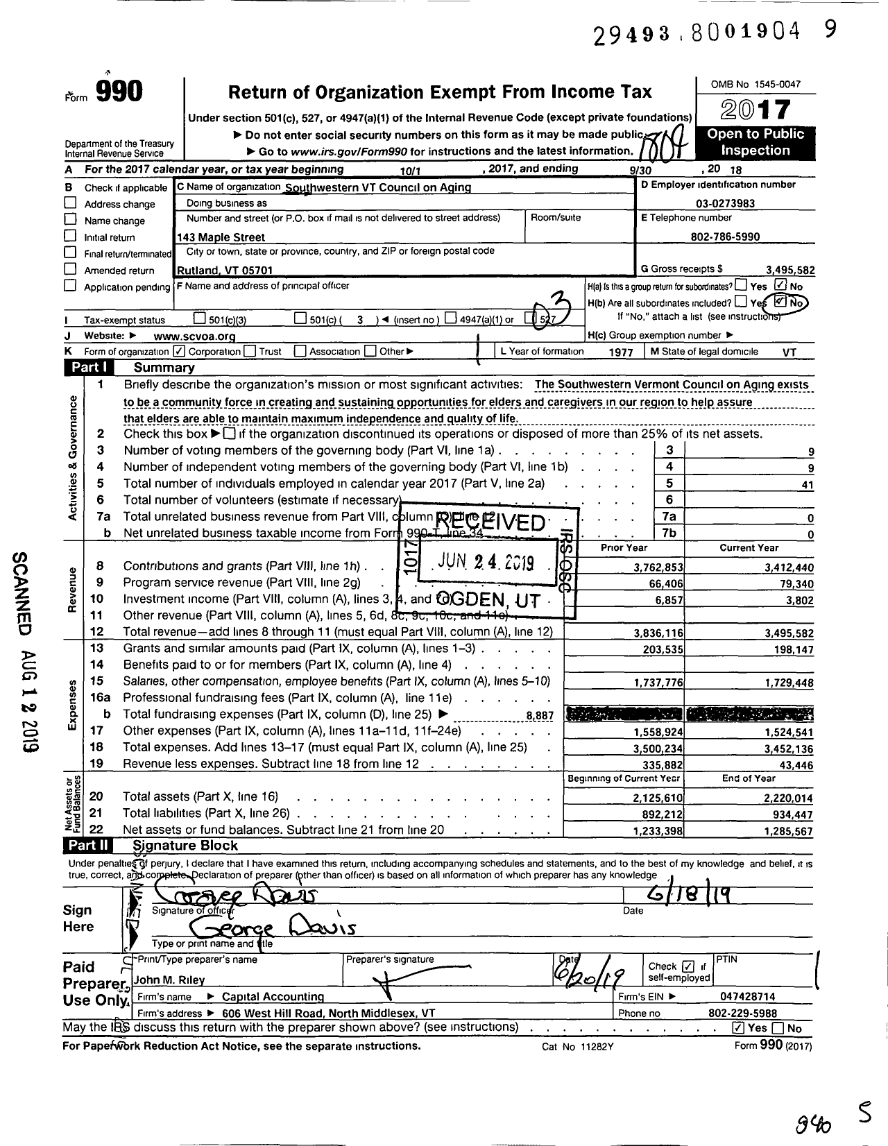 Image of first page of 2017 Form 990 for Southwestern Vermont Council on Aging (SVCOA)