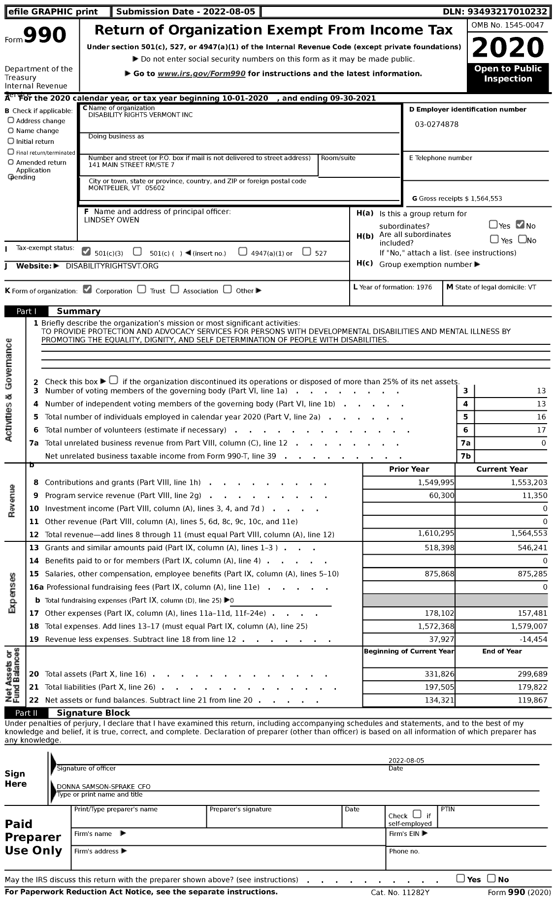 Image of first page of 2020 Form 990 for Disability Rights Vermont