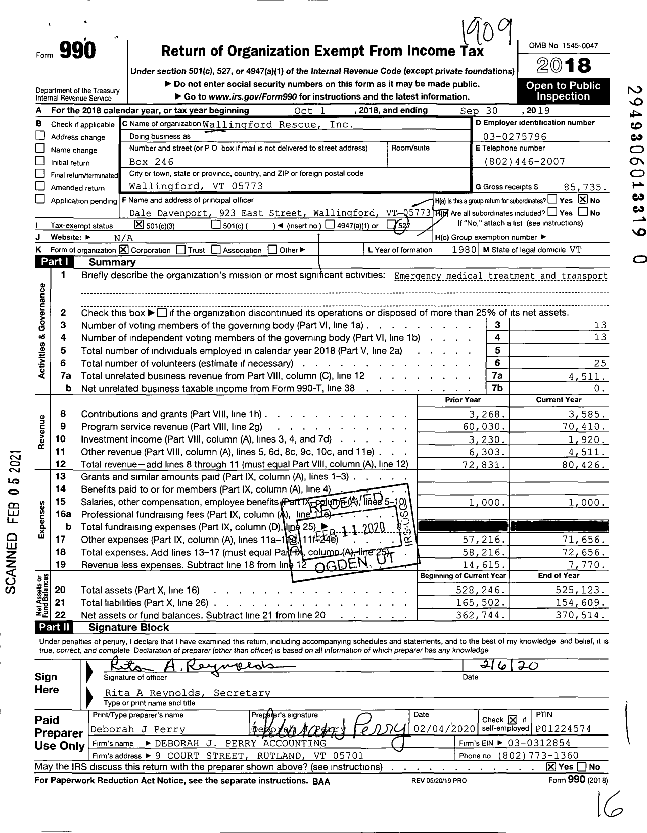 Image of first page of 2018 Form 990 for Wallingford Rescue