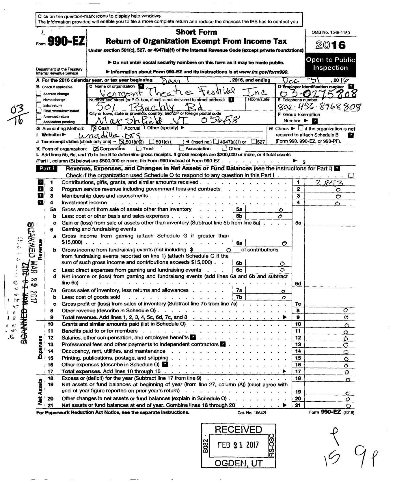 Image of first page of 2016 Form 990EZ for Vermont Theatre Festival