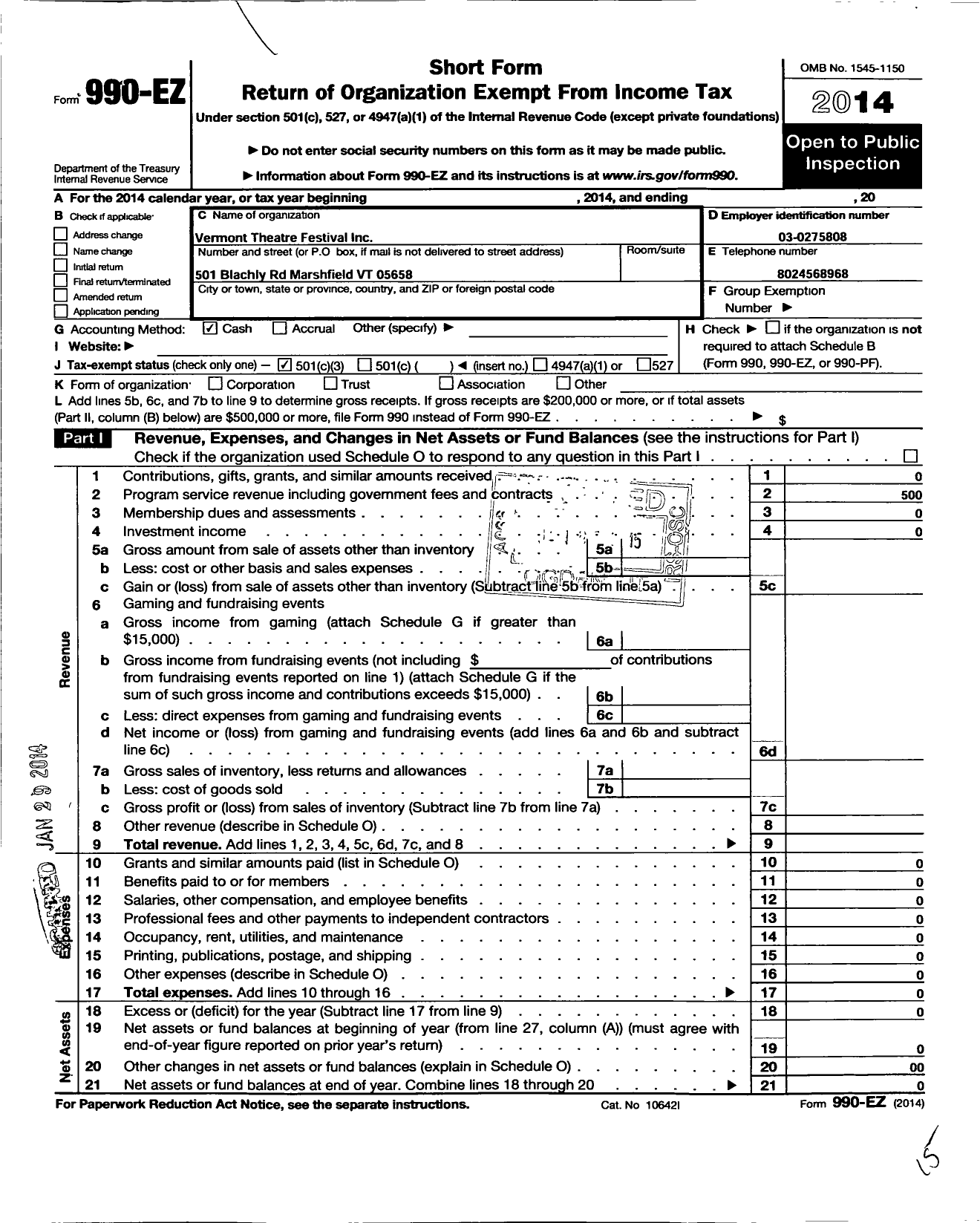 Image of first page of 2014 Form 990EZ for Vermont Theatre Festival