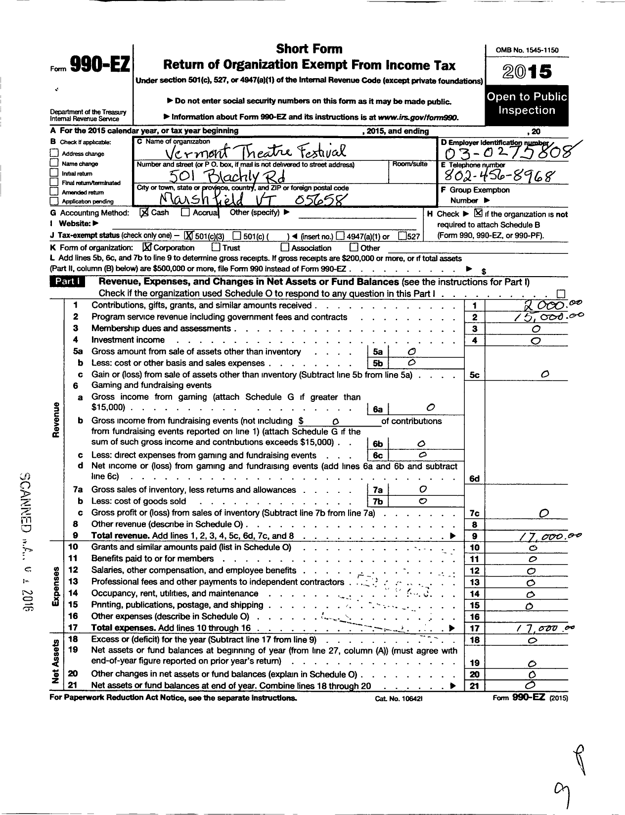 Image of first page of 2015 Form 990EZ for Vermont Theatre Festival