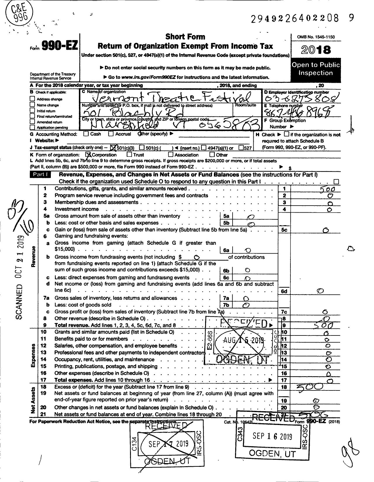 Image of first page of 2018 Form 990EZ for Vermont Theatre Festival