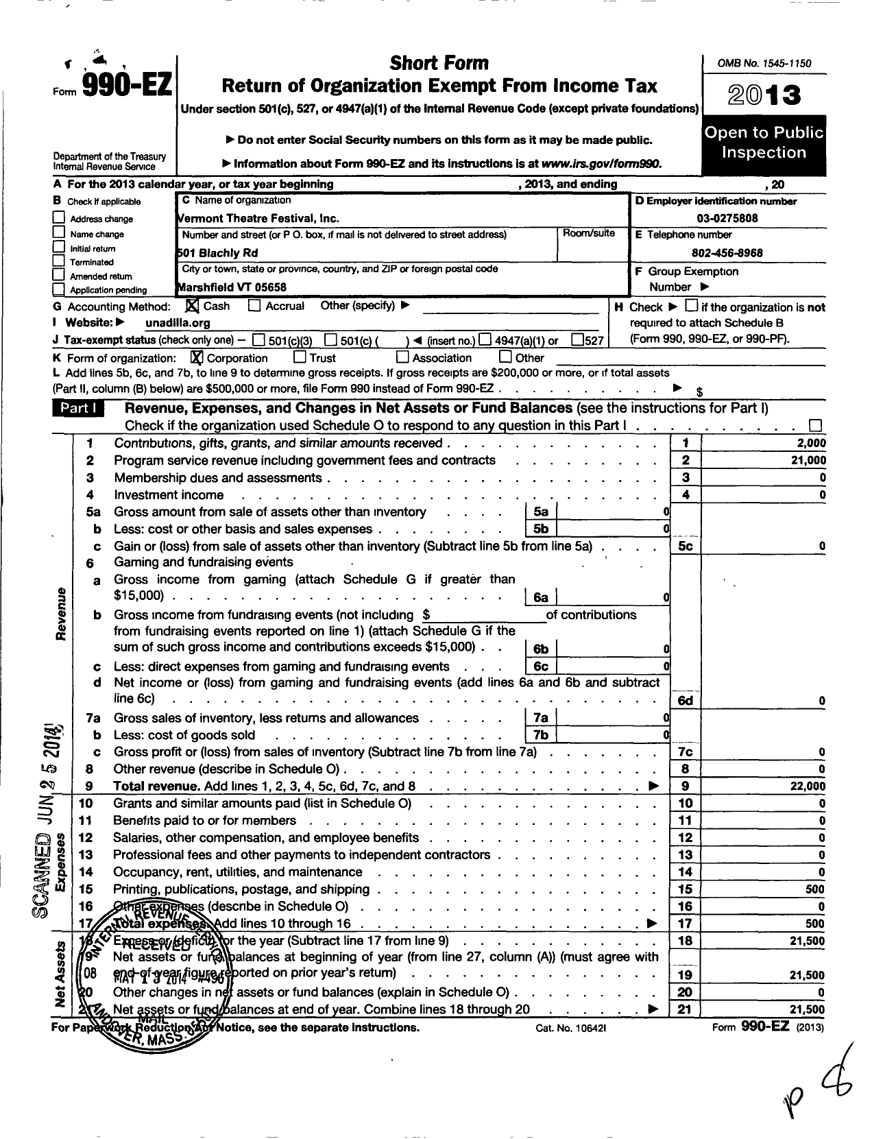 Image of first page of 2013 Form 990EO for Vermont Theatre Festival