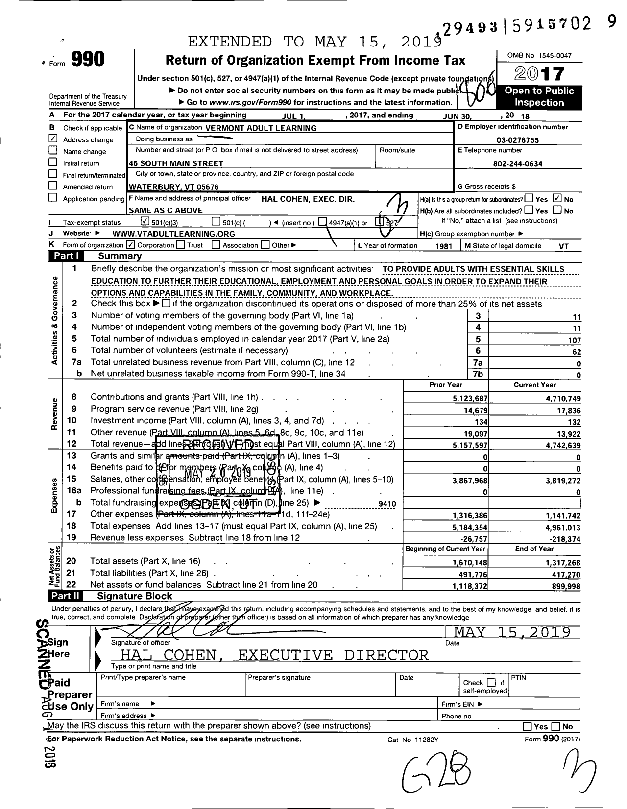 Image of first page of 2017 Form 990 for Vermont Adult Learning