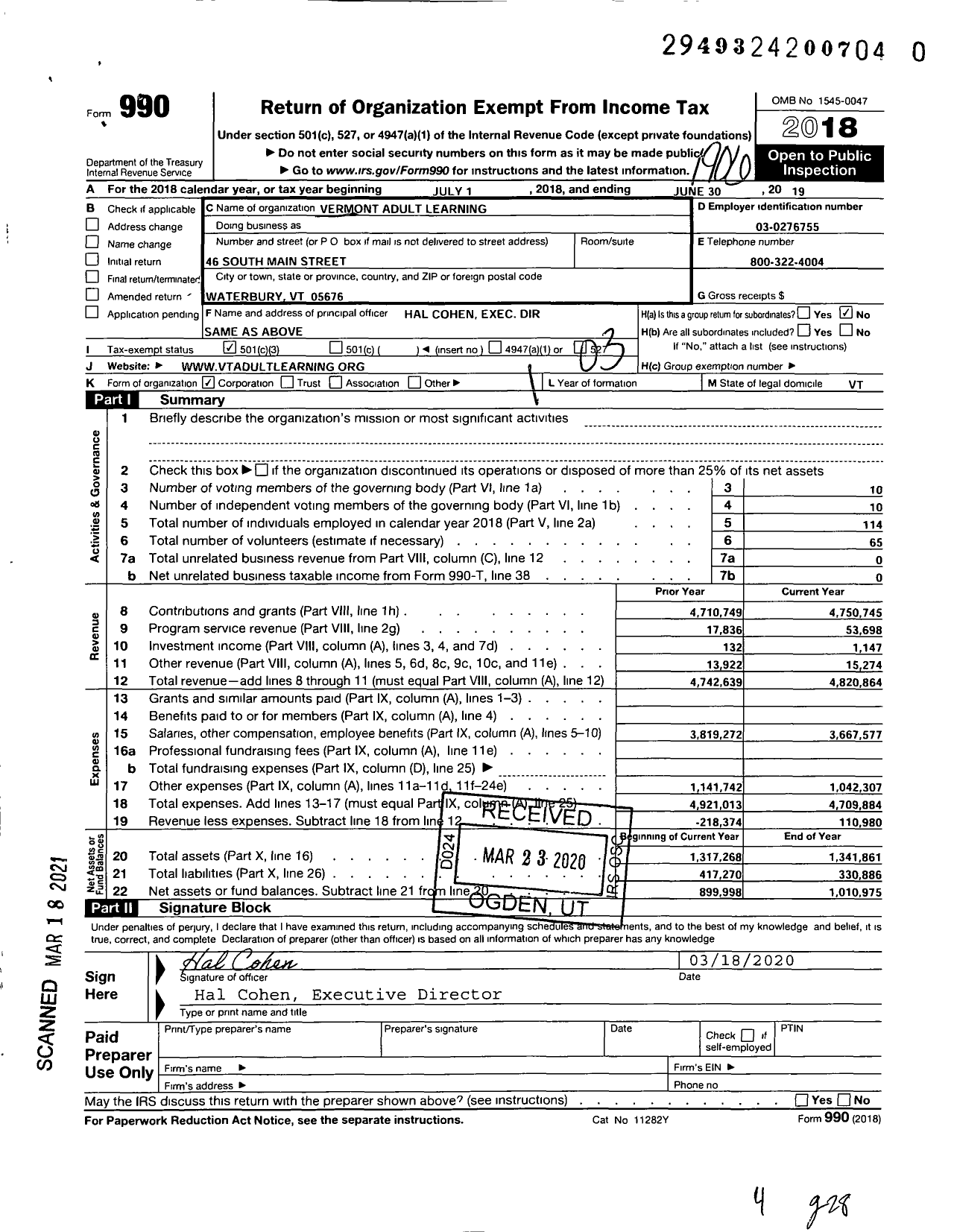 Image of first page of 2018 Form 990 for Vermont Adult Learning