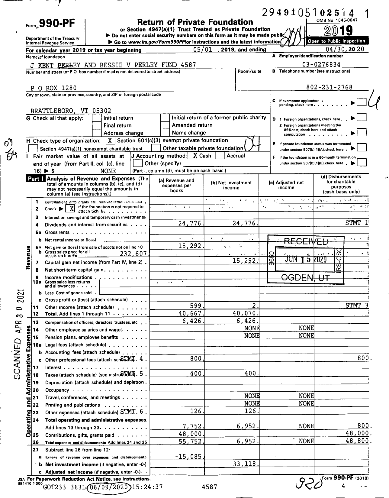 Image of first page of 2019 Form 990PF for J Kent Perley and Bessie V Perley Fund 4587