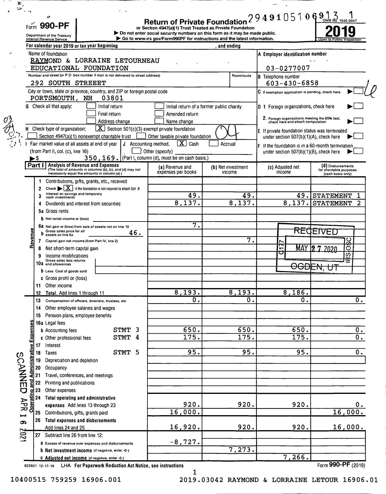 Image of first page of 2019 Form 990PF for Raymond and Lorraine Letourneau Educational Foundation