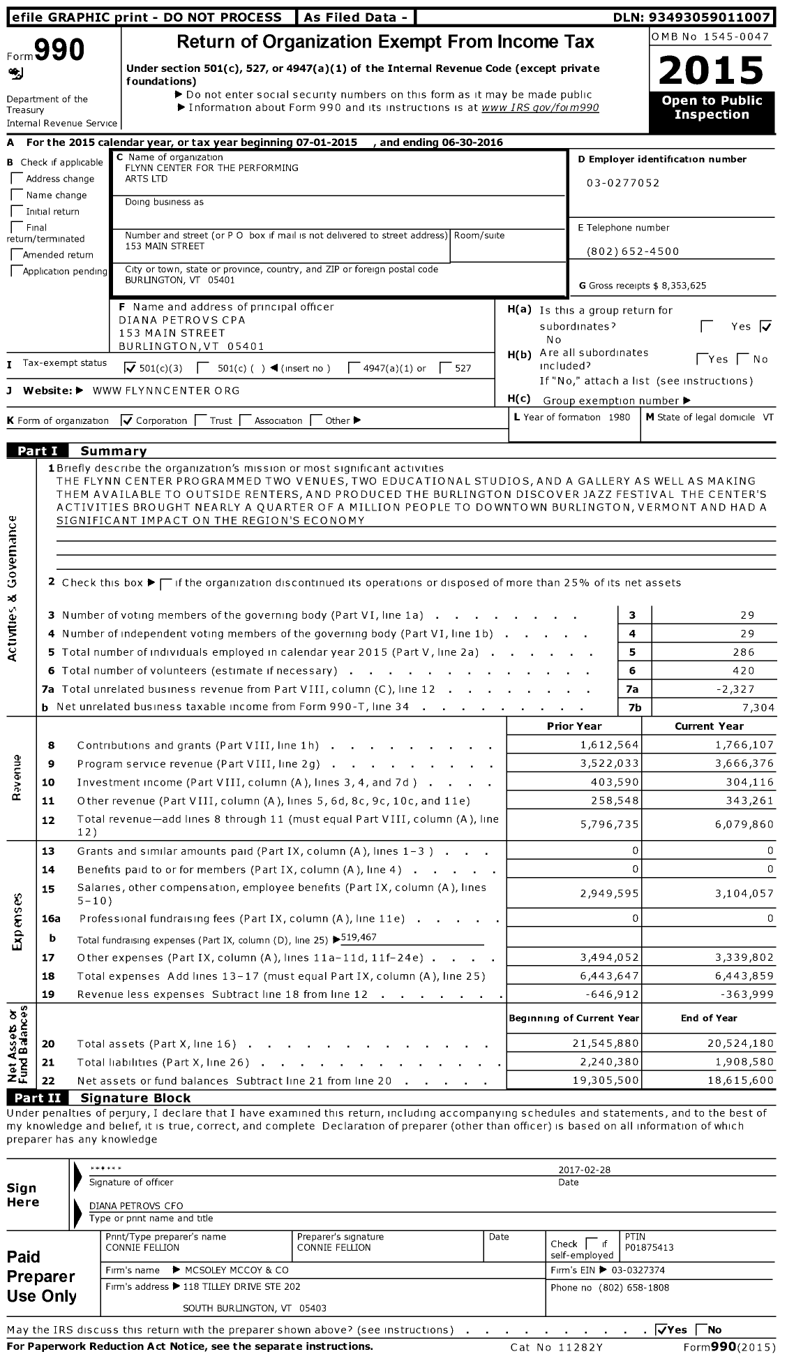 Image of first page of 2015 Form 990 for Flynn Center for the Performing Arts (FCPA)