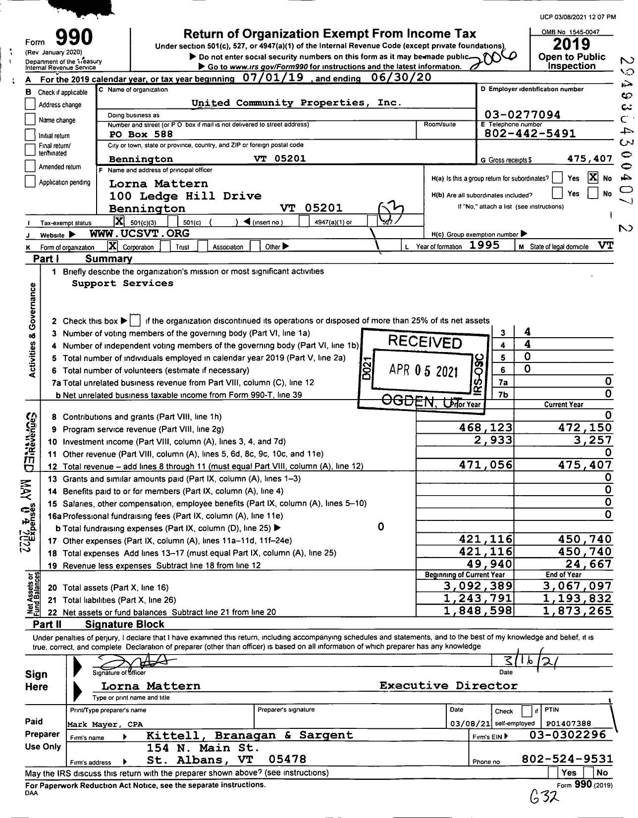 Image of first page of 2019 Form 990 for United Community Properties