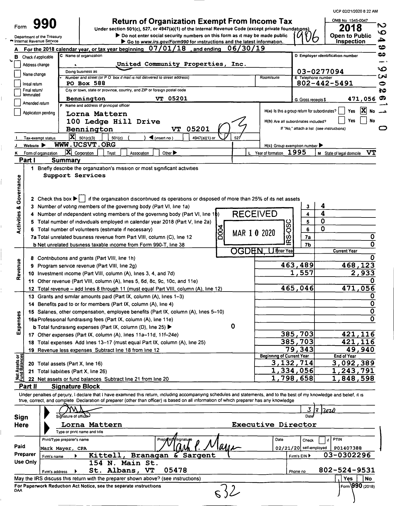 Image of first page of 2018 Form 990 for United Community Properties