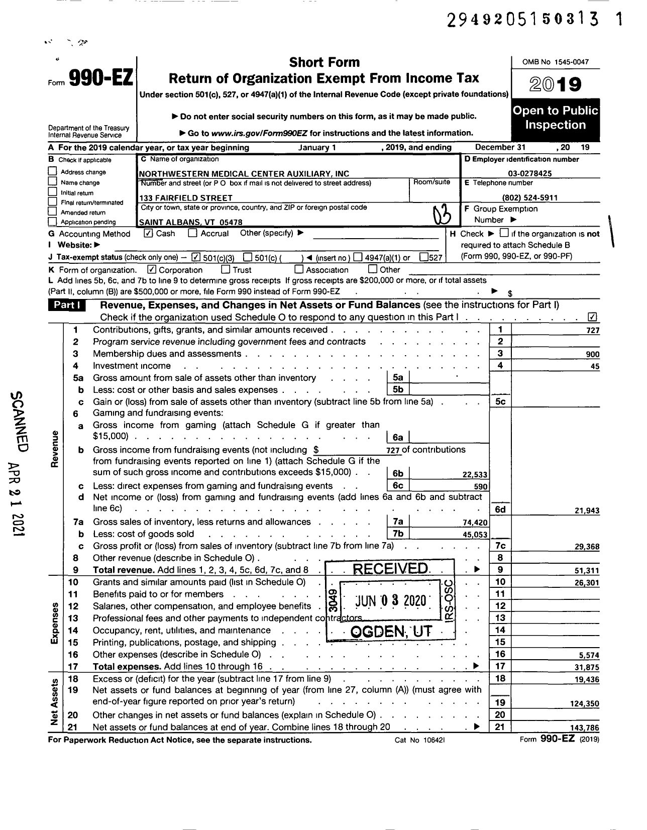 Image of first page of 2019 Form 990EZ for Northwestern Medical Center Auxilliary